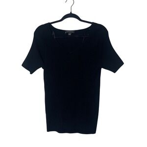 Ann Taylor Black Ribbed Knit V-Neck‎ Short Sleeve Top Womens Size L